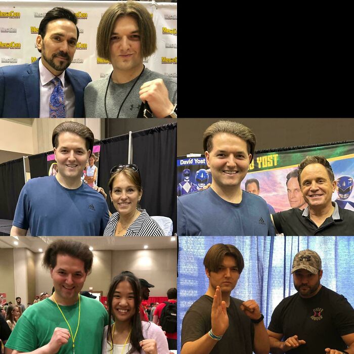 People posing with unique hairstyles at a convention, showcasing tragic hair accidents.