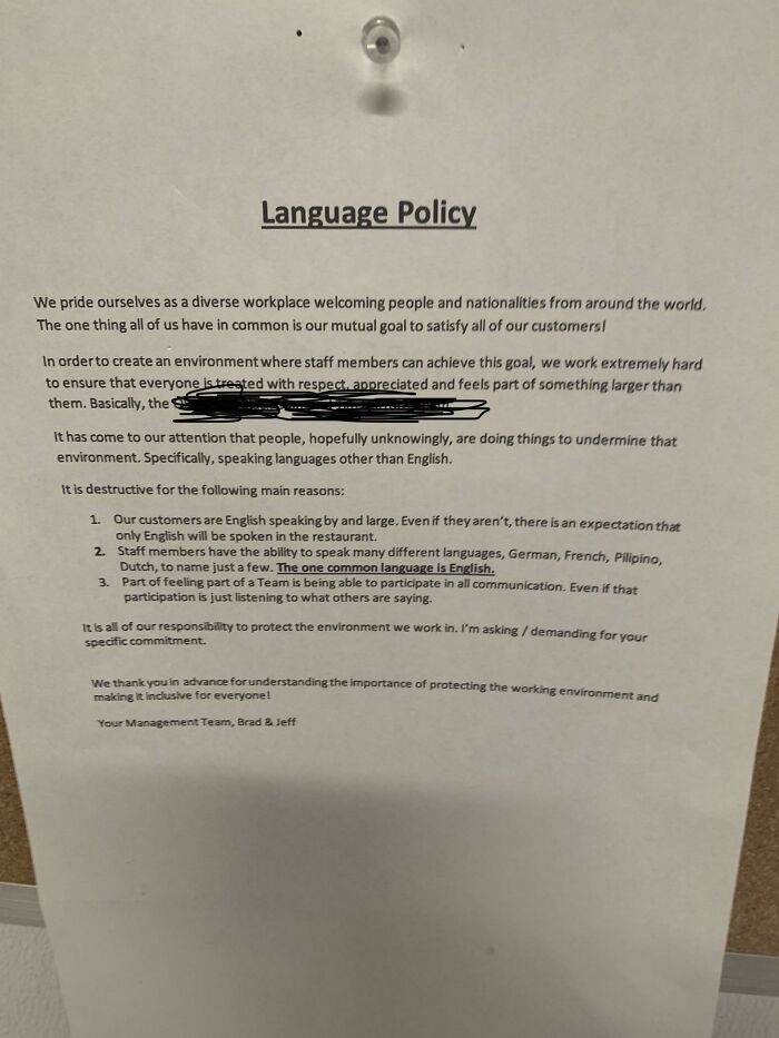 My Stores' Language Policy Of A "Diverse Work Environment"