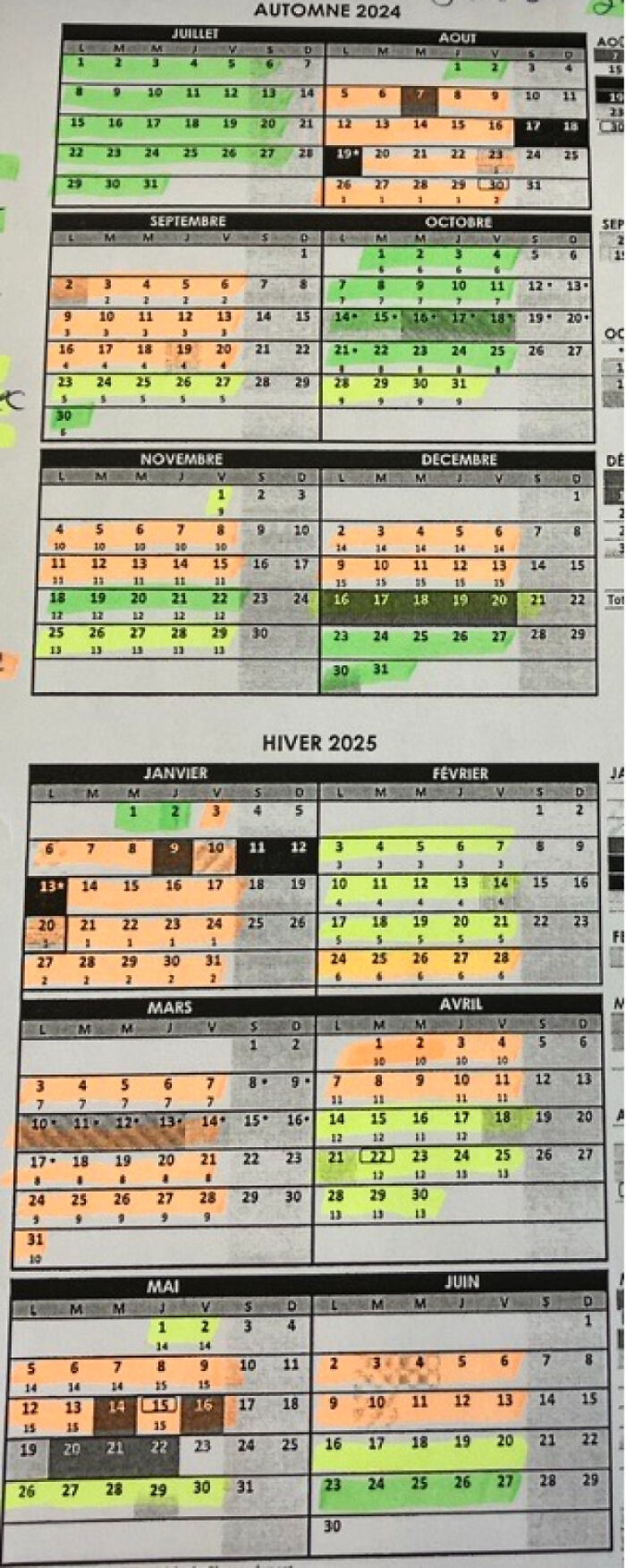 This Is A Calendar Of The Weeks We're Allowed To Take A Vacation For (In Green). In Orange Is Not Possible. Yellow Means "Maybe After We Talk About It, But Realistically? Probably Not". 13 Weeks In Green. 39 To Bargain For Or To Forget