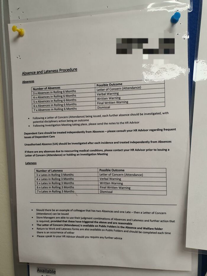 My Friends Work Attendance Policy. Disciplinary Action Starts If You Are Not In Work 3 Times In 6 Months. You Aren't Allowed To Be Physically Or Mentally Ill More Than 3 Times In Six Months. Its Disgusting