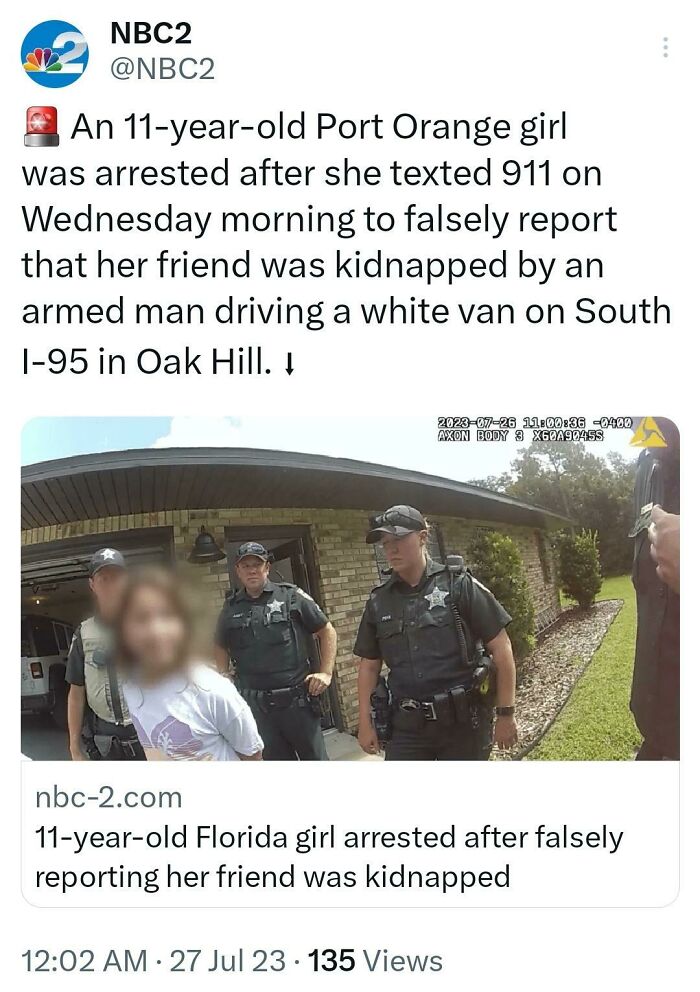 11-Year-Old Florida Girl Arrested After Falsely Reporting Her Friend Was Kidnapped