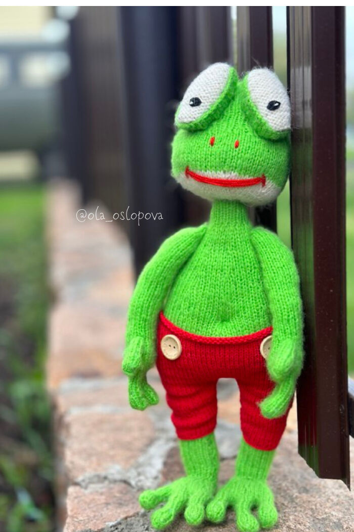 I Am A Toy Designer And This Is The Knitted Frog That I Made