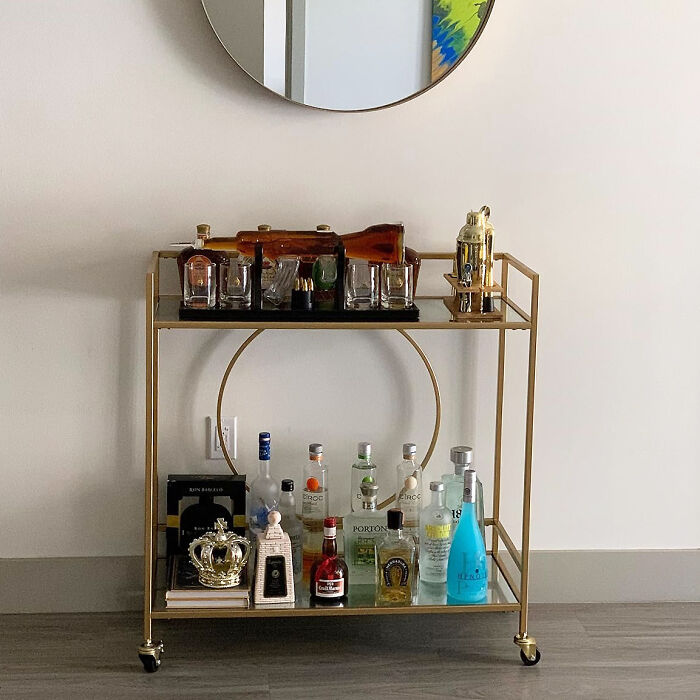 Level Up Your Hosting Game With This Glamorous Rolling Liquor Bar Cart. Martinis Anyone?