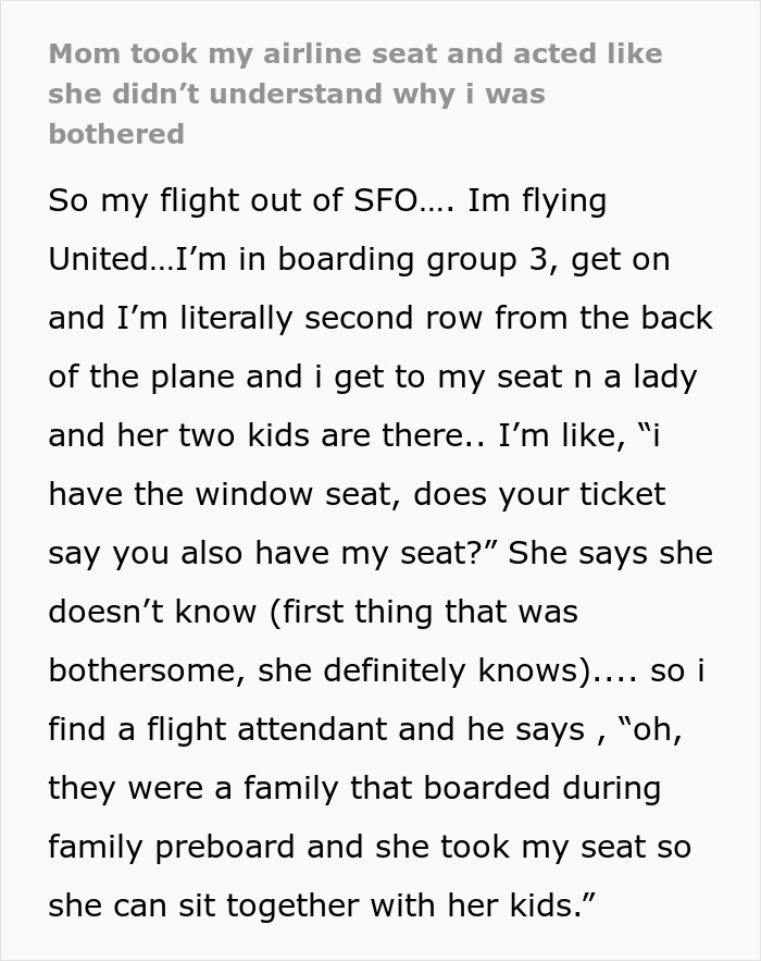 Person Gets Their Seat Stolen As Mother With Children Took It Over During Family Preboarding