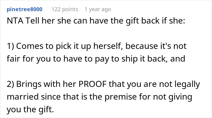 Aunt Asks Couple To Return Wedding Gift Because She Doesn’t View Their Marriage As Real 