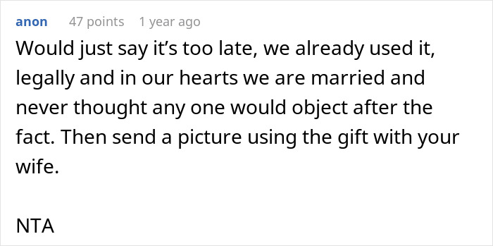 Aunt Asks Couple To Return Wedding Gift Because She Doesn’t View Their Marriage As Real 