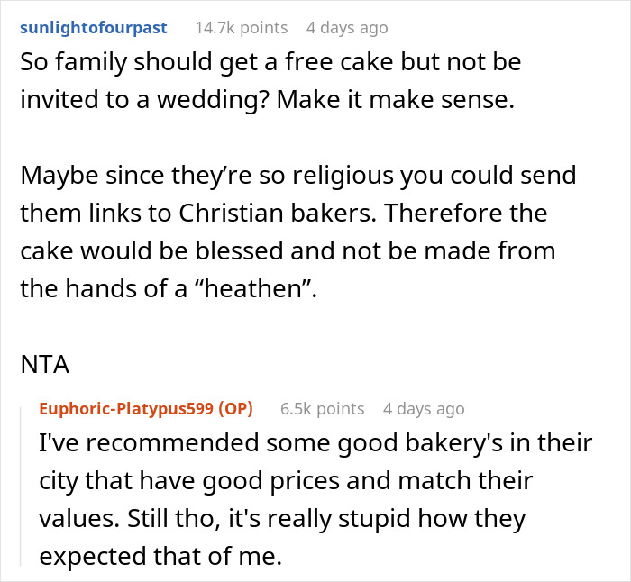 Woman Isn’t Invited To A Wedding Because She’s A “Sinner”, Gets Asked To Bake A Cake For It