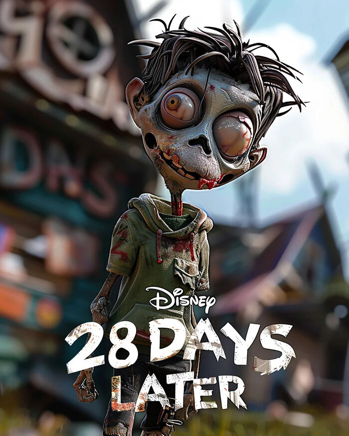 AI-generated Disney horror poster featuring a cartoon zombie from "28 Days Later" adaptation.