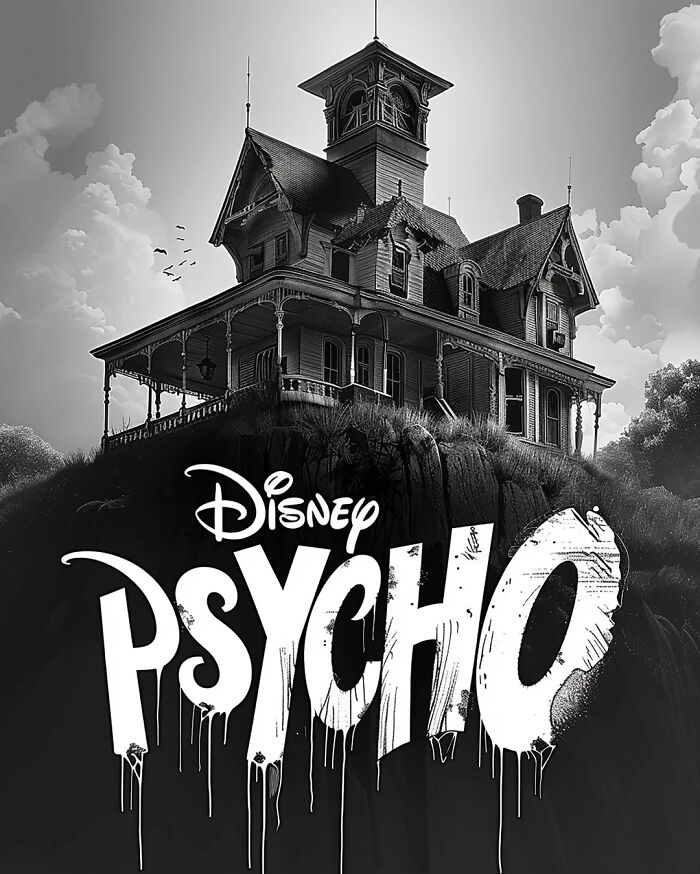 Disney adaptation of "Psycho" poster featuring a spooky house on a hill.