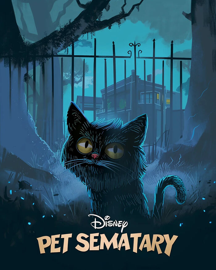 Disney horror adaptation poster with a black cat in front of a spooky gate and mansion.