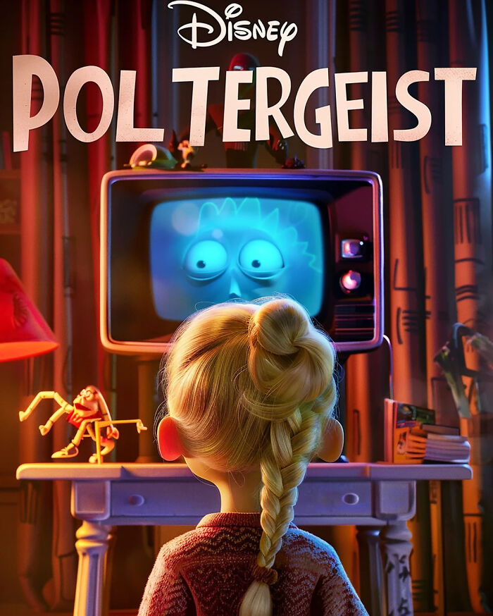 Disney horror movie adaptation poster featuring a child watching a spooky TV screen displaying a face.