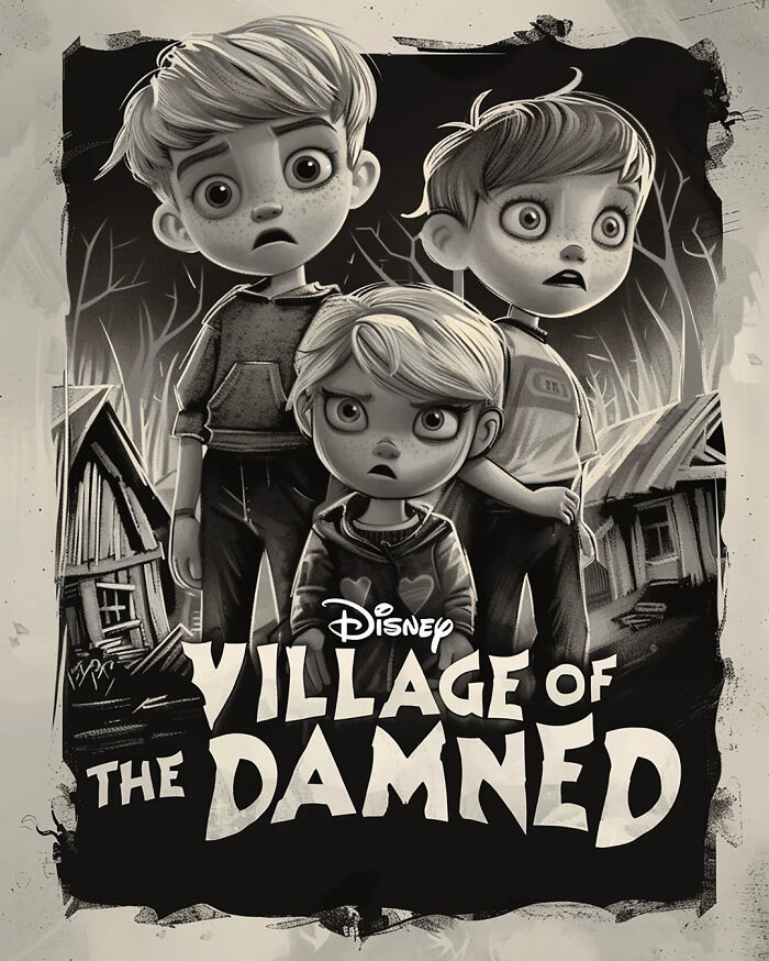 Disney horror adaptation poster featuring three cartoon children in a spooky village setting.