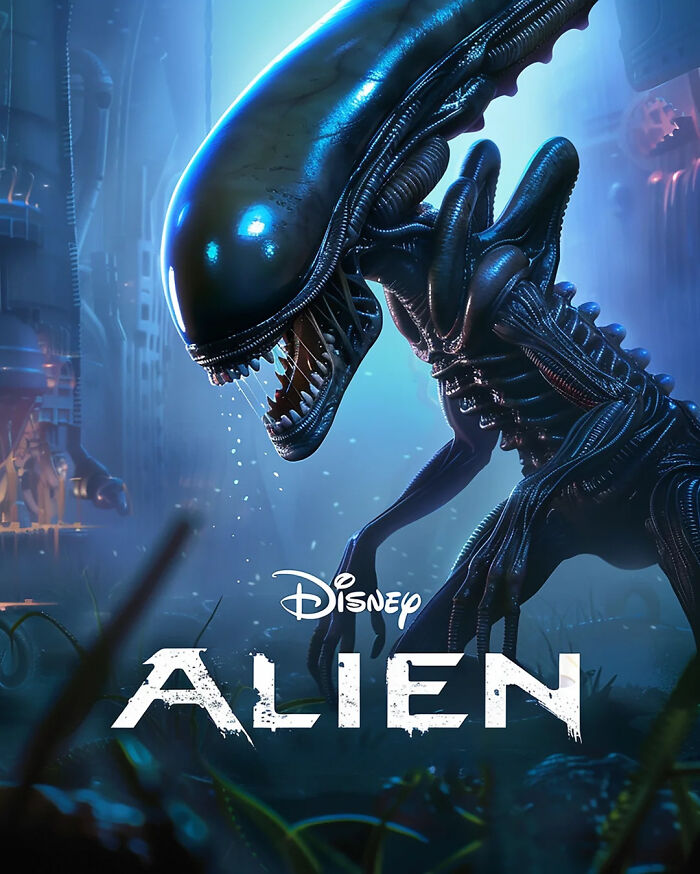 Disney adaptation poster of horror movie Alien, featuring a stylized xenomorph in a sci-fi setting.