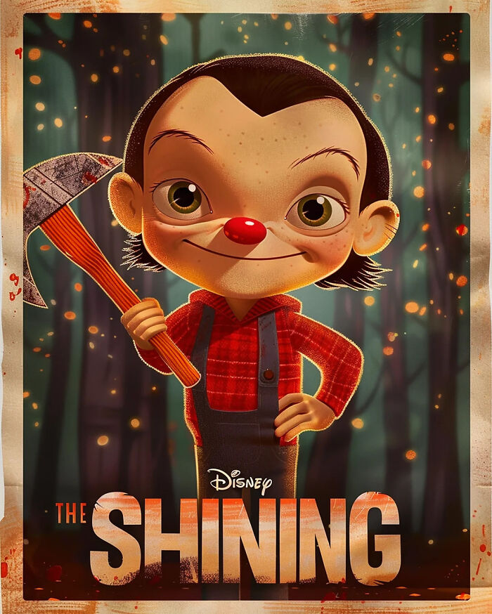 Disney adaptation poster of "The Shining" featuring cartoon character with an axe in a forest.