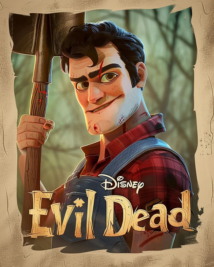 Disney horror movie adaptation poster of "Evil Dead" with cartoon character holding a shovel.