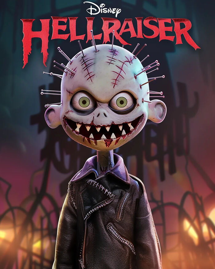 AI-generated Disney adaptation poster featuring a horror character in a leather jacket, inspired by famous horror movies.