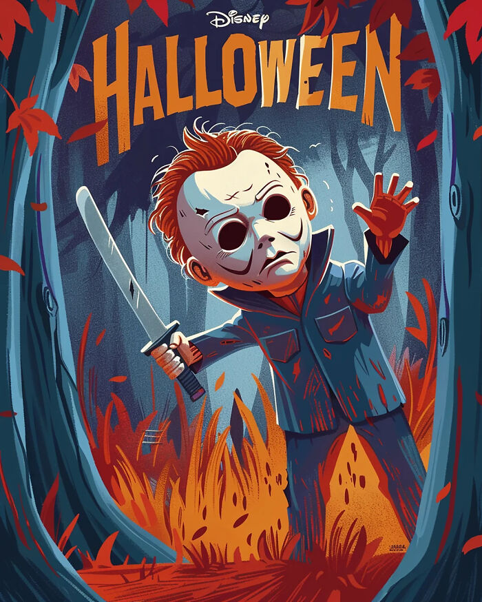 Disney adaptation poster of horror movie, featuring a masked figure with a knife in a colorful forest setting.