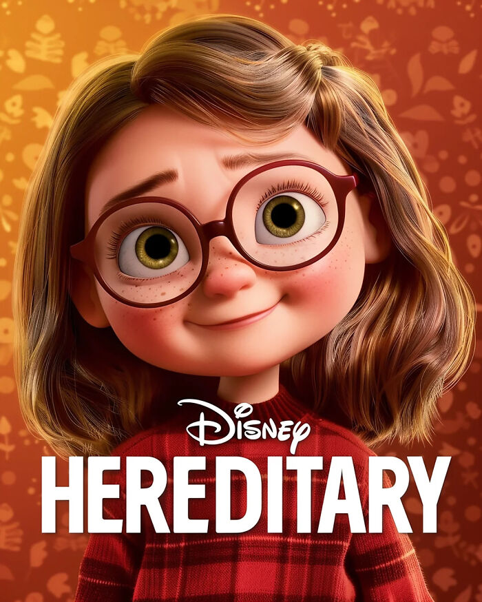 Disney adaptation of horror movie Hereditary with cartoon character in glasses and plaid shirt.