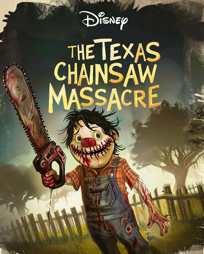 Disney adaptation of Texas Chainsaw Massacre with cartoon character holding a chainsaw in a creepy setting.