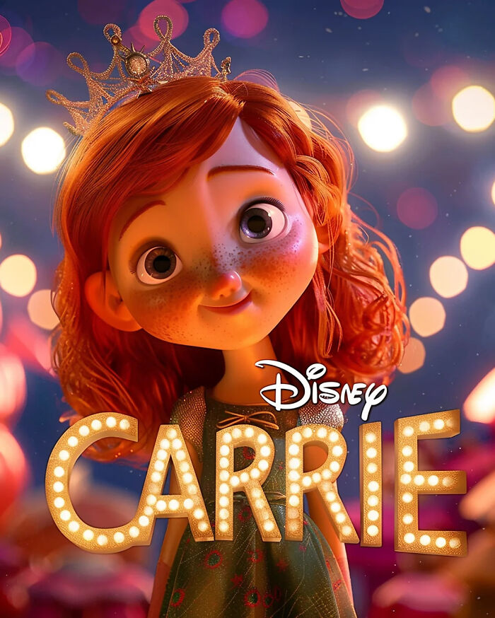 Disney adaptation poster of Carrie with a cartoon girl in a crown, red hair, and colorful lights in the background.