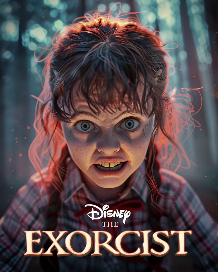 AI-generated Disney adaptation poster of "The Exorcist" with a cartoon-like character in a forest setting.