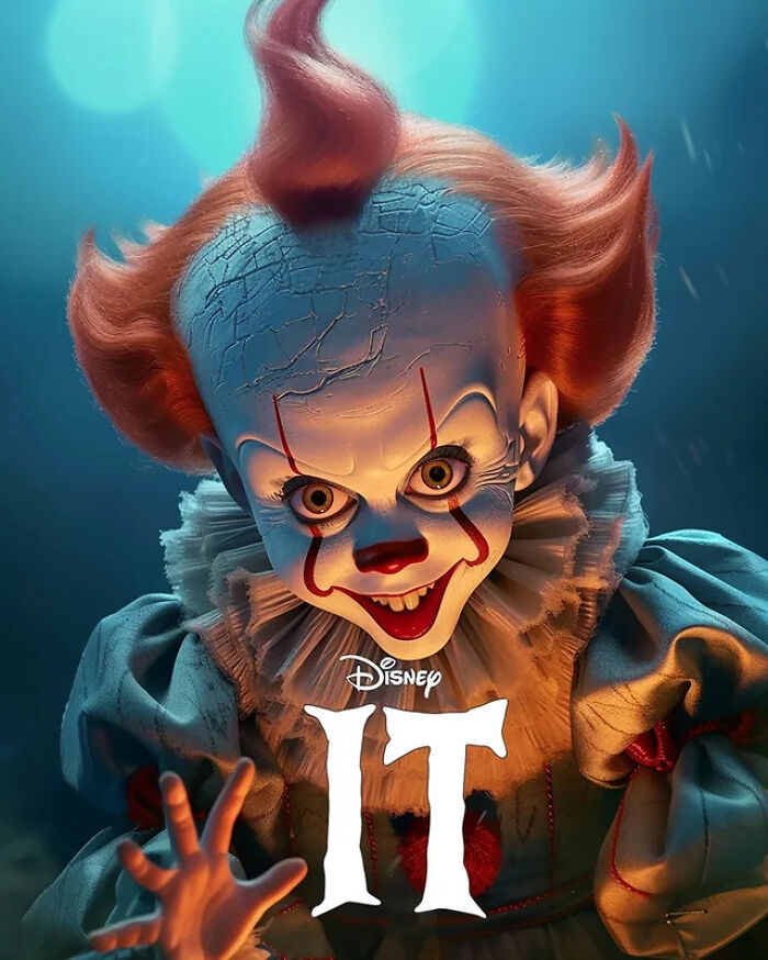 AI-generated Disney adaptation poster featuring a sinister clown with red hair and a playful grin.