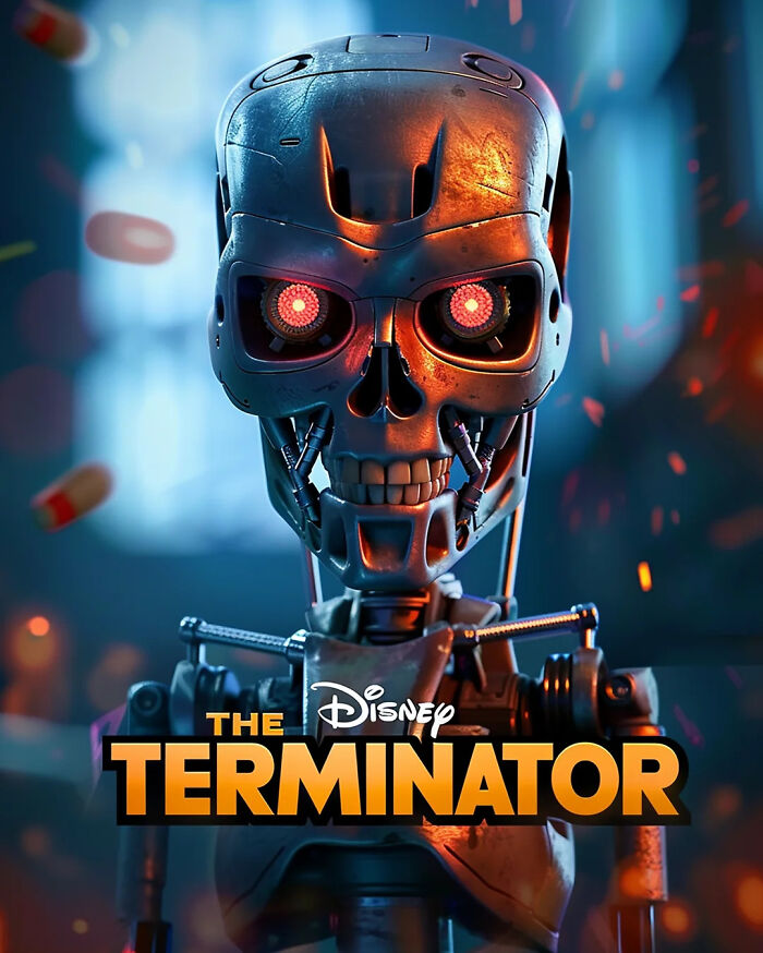 AI-generated Disney adaptation poster of The Terminator with a robot skull in horror style.