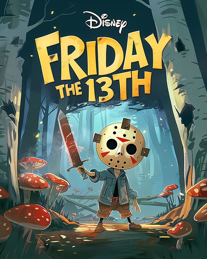 Disney horror adaptation with a cartoon character in a forest holding a machete, surrounded by mushrooms.