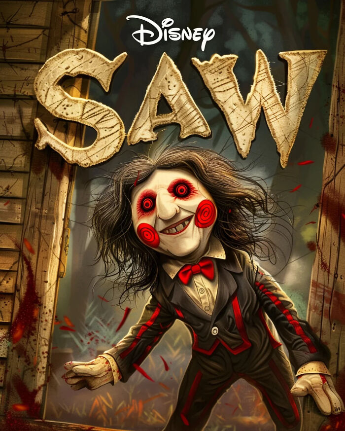 Disney adaptation poster of horror movie "Saw" with a cartoonish character having red spirals on cheeks.