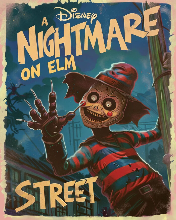 Disney adaptation poster featuring a cartoonish scarecrow character from a horror movie set on Elm Street.