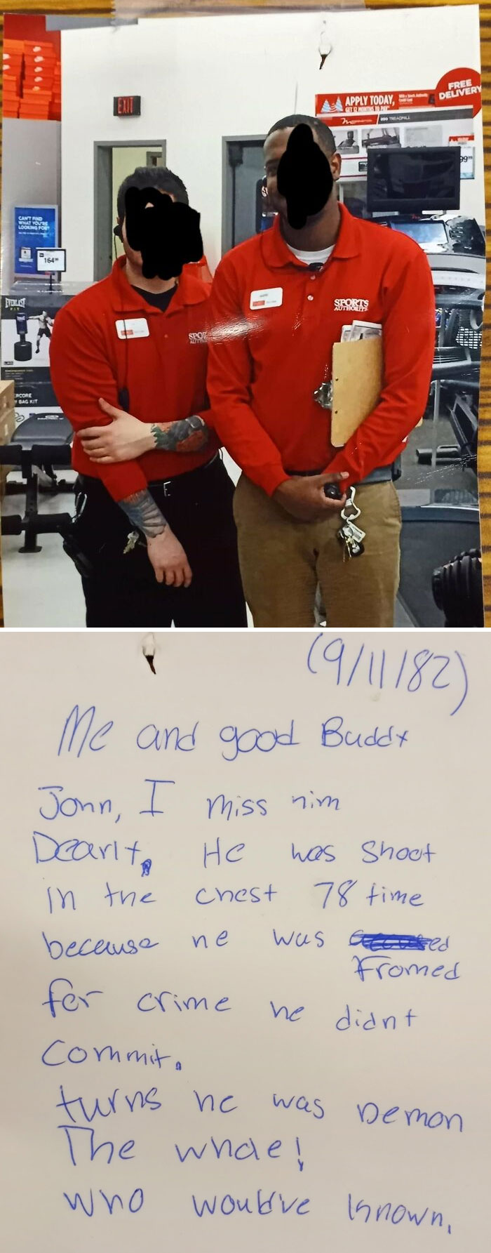 I Work At A Spirit Halloween Store That Used To Be A Sports Authority Location Years Ago. We Recently Found This Old Photo Taped To The Back Of A Cabinet, With This Cryptic Note On The Back