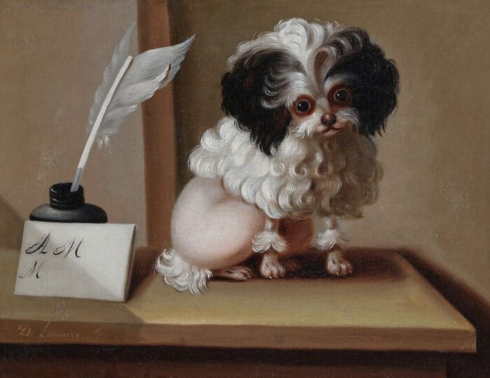 "Poodle On A Writing Desk" By Jacques-Barthélemy Delamarreby. Oil On Canvas.⁣ Late 18th Century