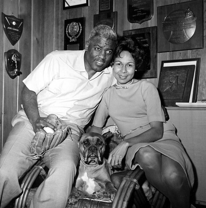Jackie Robinson, His Dog, And His Wife Rachel At Their Home In Stamford, Connecticut, Shortly After He Was Voted Into The Baseball Hall Of Fame In 1962
