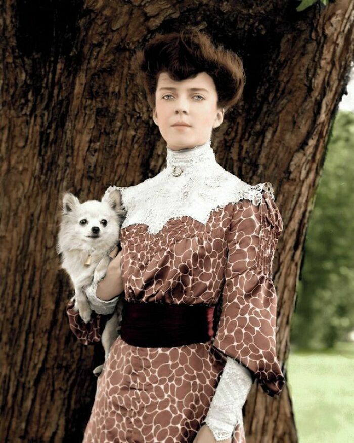 18-Year-Old Alice Roosevelt, Theodore Roosevelt's Eldest Daughter, In 1902 With Her Dog, Leo, A Long-Haired Chihuahua