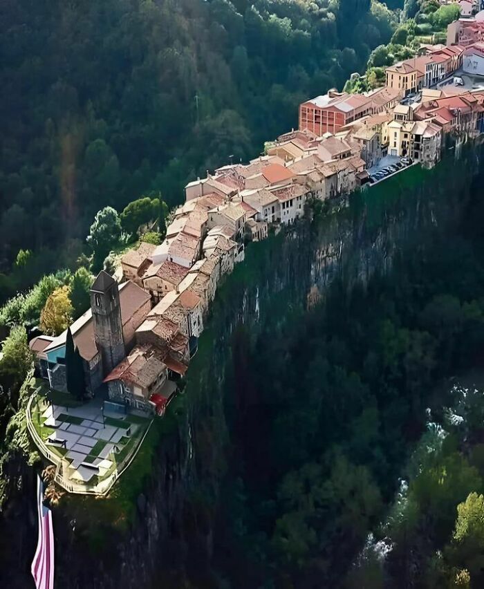 Castellfollit De La Roca, Spain The Basalt Crag Where The Town Is Situated Is Over 50 Meters (160 Feet) High And Almost A Kilometer Long. It Was Formed By The Overlaying Of Two Lava Flows