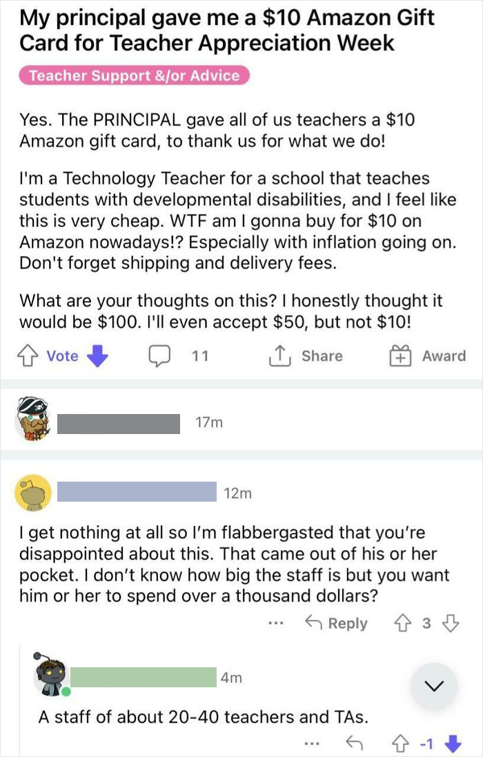 Choosing Beggar Thinks Principal Should Spent $4,000 On Teacher Appreciation Gifts