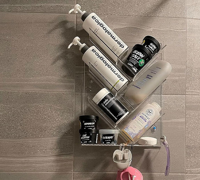 Stop Knocking Over Your Bottles With This Unique Acrylic Bathroom Organizer 