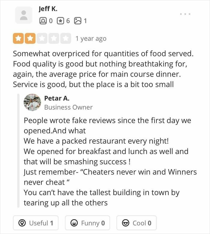 Unhinged Responses From A Restaurant Owner At A Local Fine Dining Place In My Town