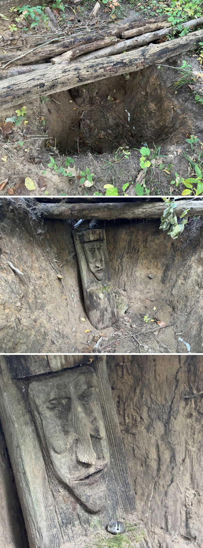 On A Forest Walk, I Saw A Hole Off The Path. I Looked Inside And Found A Weird Statue With A Bell On It