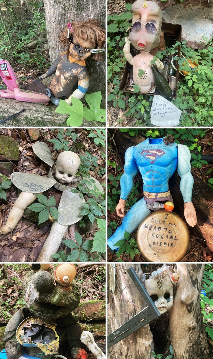 In Atlanta There’s A Trail In The Woods Called “The Doll Head Trail.” It Features Creepy Dolls And Other Toys, Almost Like If Sid From Toy Story Made A Trail