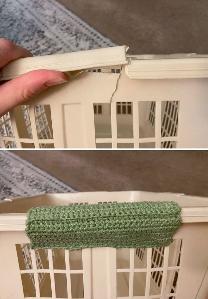 I Have Had The Same Laundry Basket My Entire Life. One Of The Handles Has Been Cracking More And More For A Few Years. Rather Than Buy A New One, I Made A Crochet Handle To Hold It Together