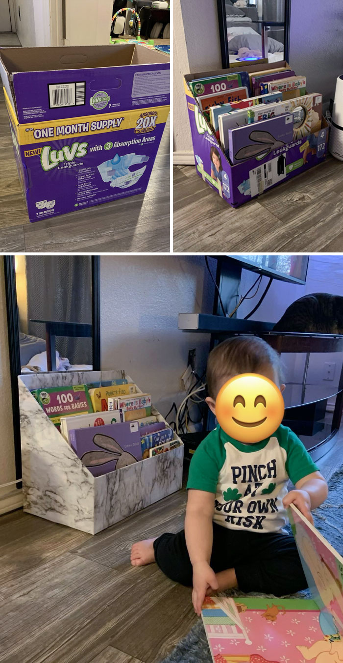 Repurposed An Old Diaper Box Into A Bookcase For My Son