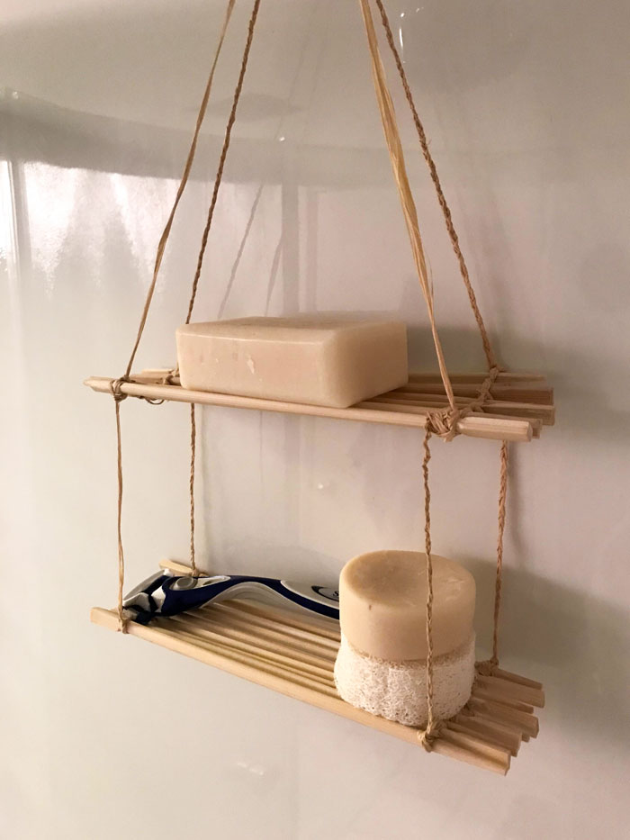 Shower Shelf Made From Collected Takeout Chopsticks And Raffia Cord That Came With Valentine’s Day Flowers