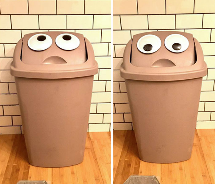 My Wife Put Giant Googly Eyes On Our Trash Can As A Joke, But It’s Actually Working For Our Zero Waste Goals. Now I Feel Shame Every Time I Toss Something, It Looks Horrified