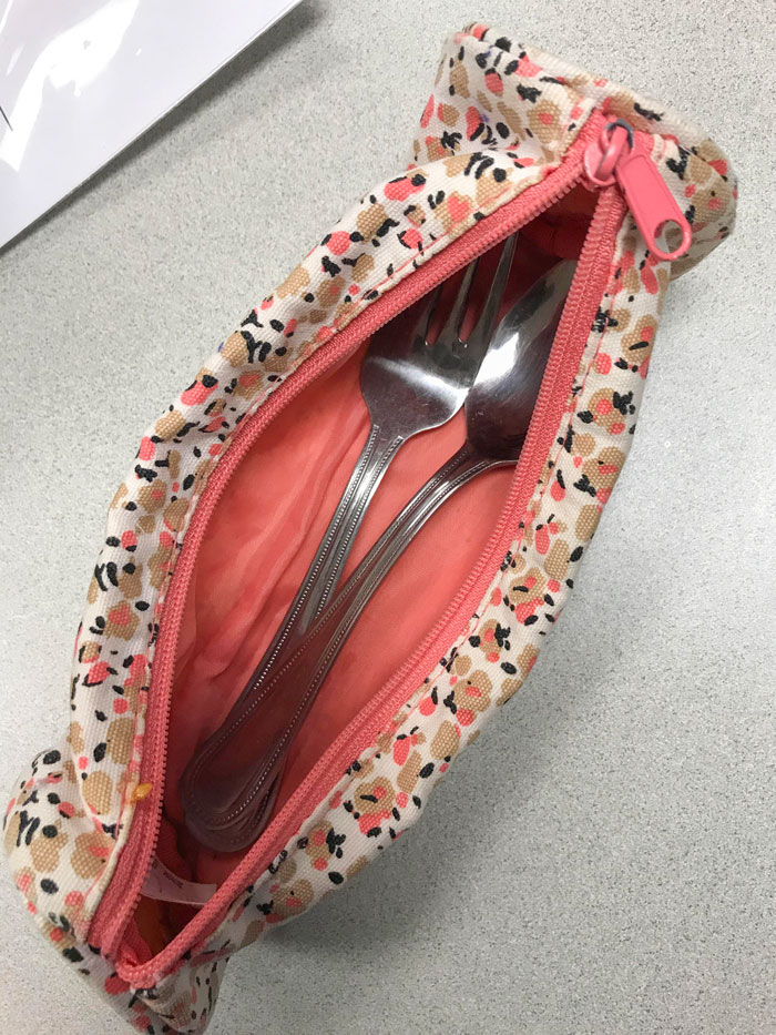 I Work At A Hospital Where Employees Eat Every Day With Plastic Utensils. My Solution: Fork And Spoon In An Old Pencil Case