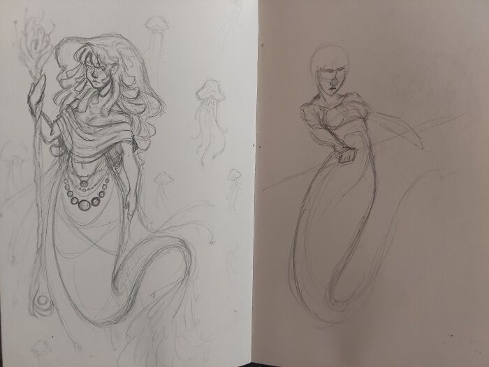 The Right One Is Obviously Not Finished But It's A ✨️character Design✨️ Of A Jellyfish Related Mermaid Although It Makes Zero Sense