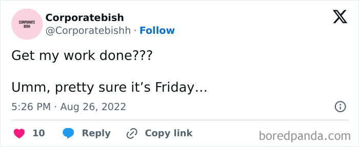 A Friday meme featuring a tweet from Corporatebish