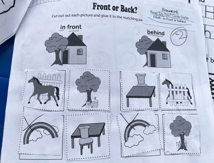 Kindergarten Homework Is Kicking My Butt. "In Front" Or "Behind"? I Got -2 Points For This