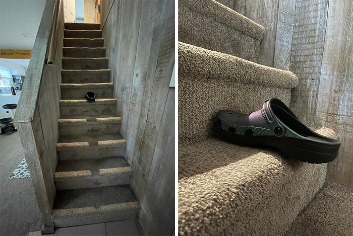 I Have Fallen Down These Bastards Twice, Which Was Two Times Too Many. Now I Climb Down Them Backwards Like A Ladder. Our House Is A Very Old Cape Cod And My Office Is On The Second Floor So I Am Upstairs Every Day. As You Can See They Are Very Steep, And The Step Is Very Narrow, Women’s Size 9 Croc For Comparison