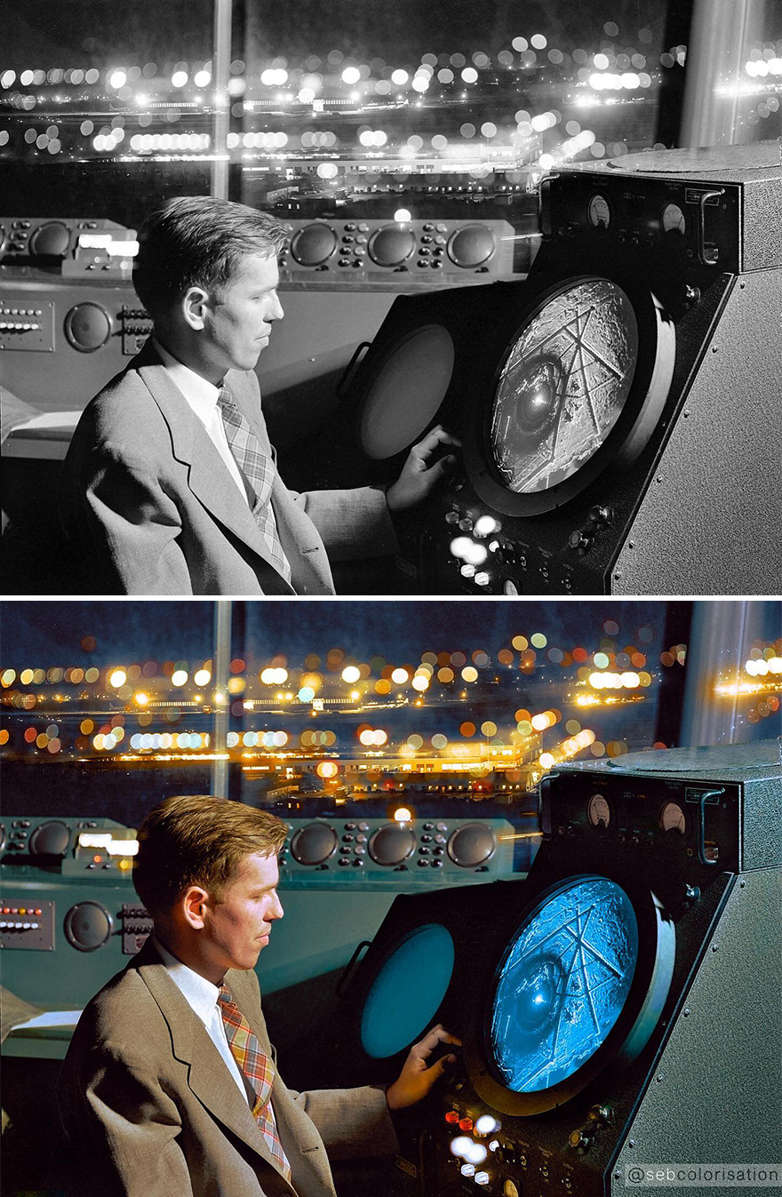 September 1952. "Man In An Airport Control Tower Looking At Radar Screen." Photographed By Phillip Harrington